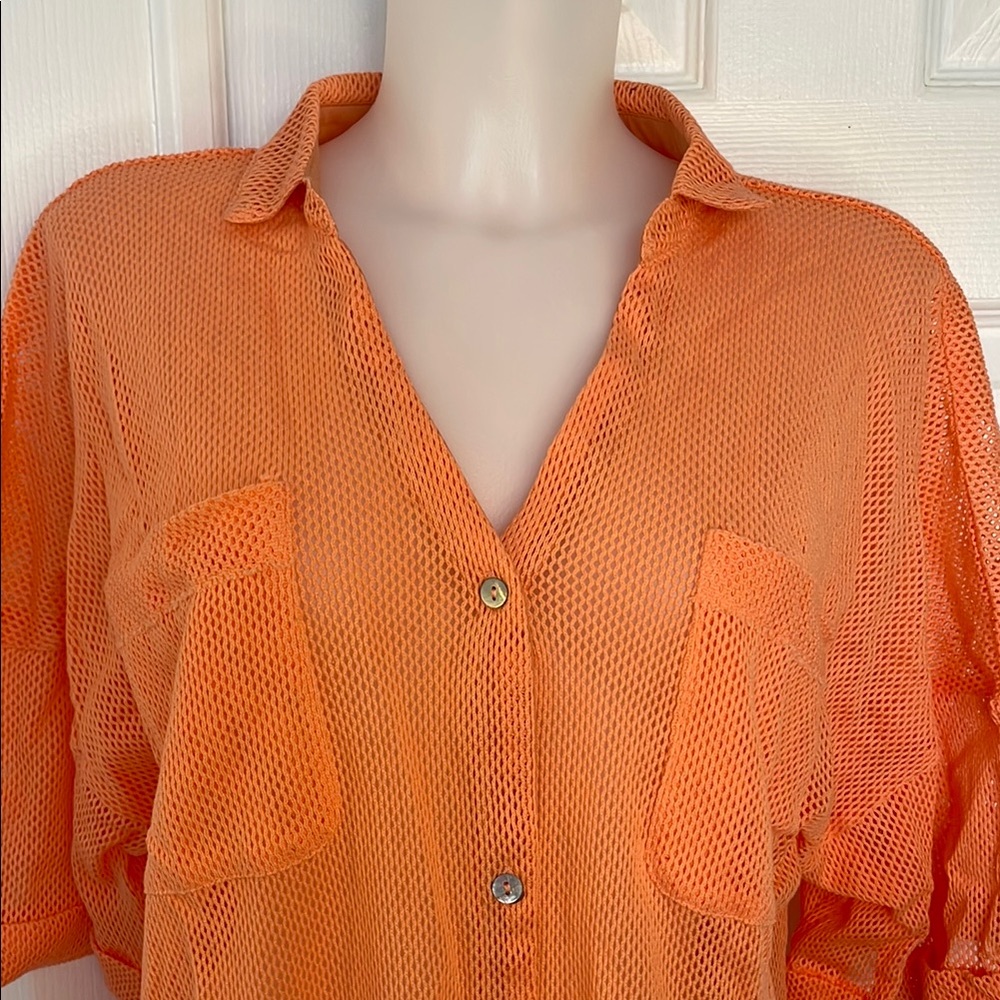 DAVI & DANI BUTTON DOWN MESH LIKE TOP BLOUSE SWIM COVERUP NEON ORANGE SI…